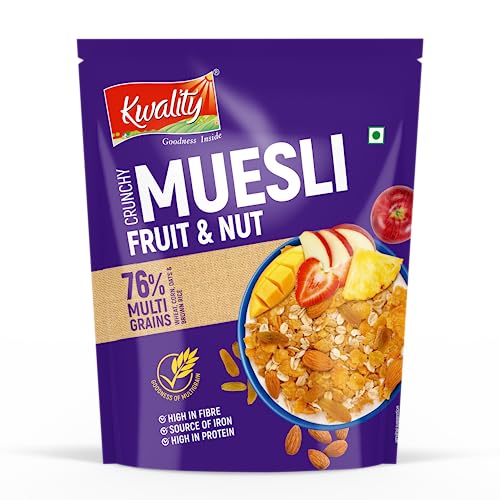 Kwality Muesli Fruit N Nut, Multigrain, Wheat, Corn, Oats, Brown Rice, High In Fibre, Iron And Protein 75G