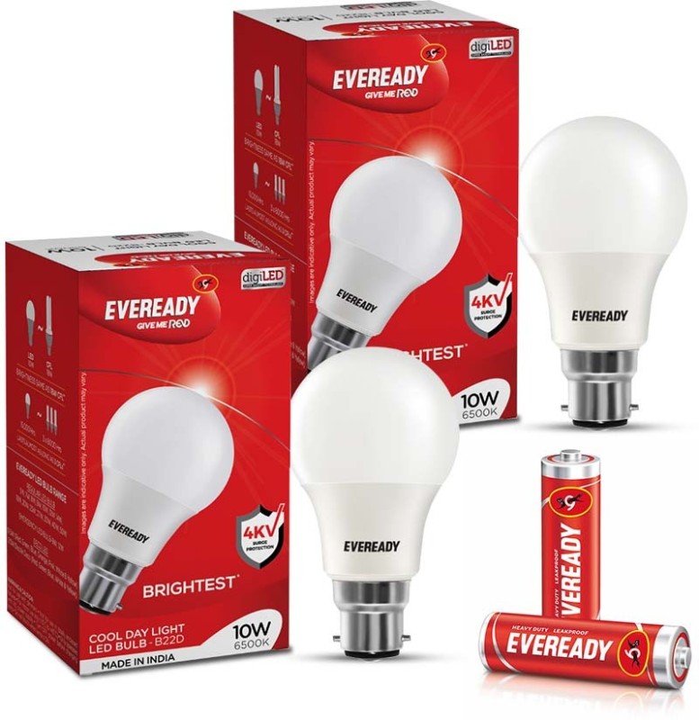 Eveready 10W Led Bulb Pack Of 2 With Free 2 Batteries(White, Pack Of 2)