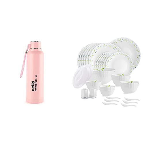Cello Puro Steel-X Benz Inner Steel Outer Plastic with PU Insulation Water Bottle, 900 ml (Pink) & cello Tropical Lagoon 37 pcs Dinner Set