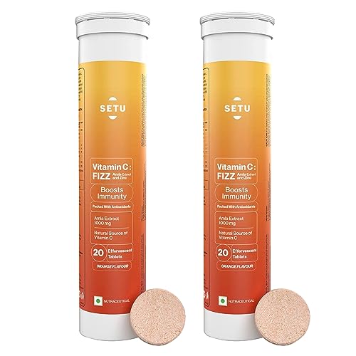 Setu Vitamin C: Fizz – 40 Effervescent Tablets (Pack of 2) | Amla Extract and Zinc, Boost Immunity, Skin | Orange Flavour