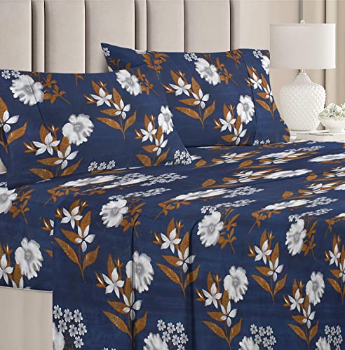 BSB HOME 100% Microfiber Floral Printed 144 Tc Double Bed Sheets with 2 Pillow Covers (Floral, Dark Blue & White for 5x5ft Bed) (बेडशीट)