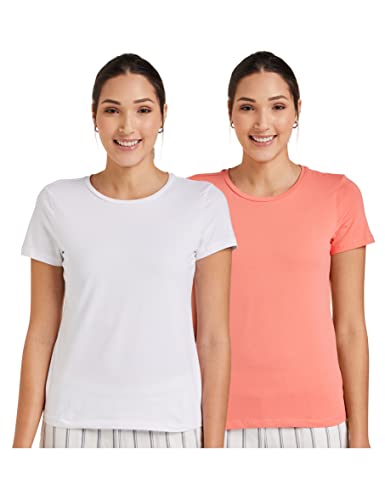 Amazon Brand – Symbol Women’s Regular T-Shirt (RN-PO2-COMBO4_White and Coral Pink XL)