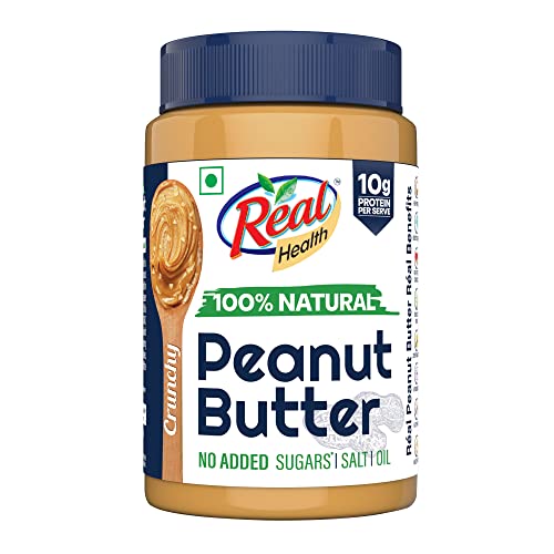 Real Health 100% Natural Peanut Butter (Crunchy) – 1Kg | Unsweetened | High Protein With 10G Protein Per Serve | For Fitness Conscious | Zero Trans Fat | Gluten Free | Non-Gmo Peanuts