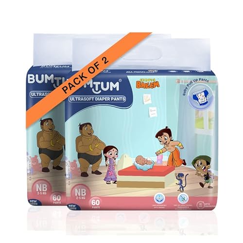 Bumtum Chota Bheem New Born Baby Diaper Pants, 120 Count, Leakage Protection Infused With Aloe Vera, Cottony Soft High Absorb Technology (Pack Of 2)