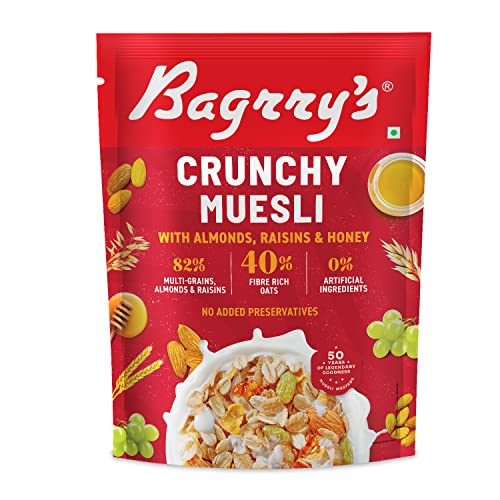 Bagrry’s Crunchy Muesli | 40% Fibre Rich Oats with Bran | 82% Multi Grains, Almonds, Raisins & Honey | Breakfast Cereal | Natural Muesli , 400g /425g Pouch (Weight May Vary)