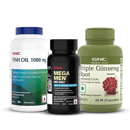 3-Combo Of Gnc Mega Men One Daily Multivitamin (30 Tablets), Fish Body Oil (60 Softgels) & Herbal Plus Triple Ginseng Root (60 Capsules) | Daily Energy & Immunity | Focus & Memory | Strength & Stamina