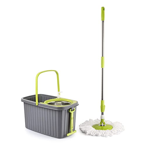 Kleeno by Cello Hi Clean Deluxe Spin Mop Big Bucket,Steel Winger & Easy Wheels & Puller Handle with Refill | Sturdy Long Lasting |Mop for Floor Cleaning | pocha for Floor Cleaning | Green | Set of 1