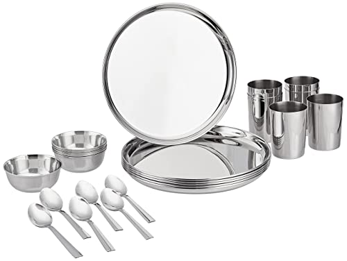 Amazon Brand – Solimo Stainless Steel Heavy Gauge Dinner Set, 24 Pcs | Mirror Finish I Bhojan Thali Set I Dinnerware Set for Kitchen I Dishwasher Safe