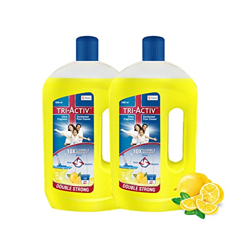 Tri-Activ Double Strong Disinfectant Floor Cleaner | Half Cap Only | 10X Cleaning with 99.9% Germ kill | Citrus Fragrance – Pack of 2 (1000ml x 2 Units)