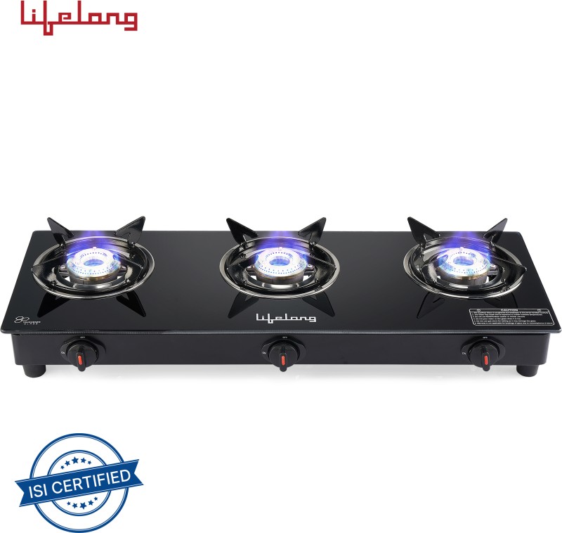 Lifelong Llgs930 Glass Top 3 Burner (Isi Certified,1 Year Warranty With Doorstep Service) Glass Manual Gas Stove(3 Burners)