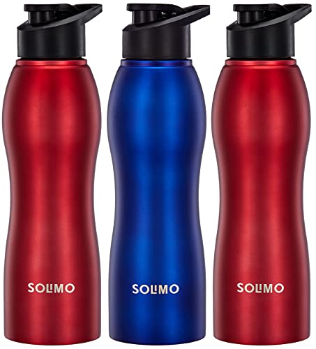 Amazon Brand – Solimo Water Bottle, Spill-Proof, Ergonomic, Safe For Refrigerator, Freezer And Dishwasher (Stainless Steel With Pp Lid, Set Of 3, 2 Red And 1 Blue), 1 Liter