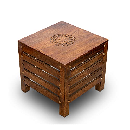 Sattva Wooden Stools For Living Room Sitting Chair For Home Handcrafted Antique Finish | Handmade Table For Office | Home Furniture | Outdoor/Indoor Décor | Square Stool