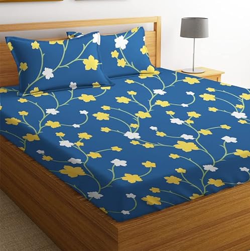 Bsb Home 100% Microfiber Bedsheet For Double Bed With 2 Pillow Covers Breathable | Wrinklefree And Softtouch Floral Print Sheet- White Yellow & Blue