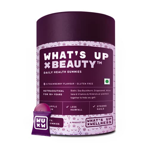 What’S Up Wellness Biotin Beauty Skin & Hair Gummies,For Hair Growth, Bright Skin & Strong Nails, Vitamin A To E, Folic Acid, Zinc, Aloe Vera Etc, For Men & Women, 30 Days Pack (30 Gummies)