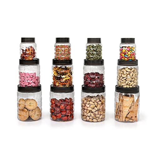 Cello Checkers Pet Plastic Airtight Canister Set | Food Grade And Bpa Free Canisters | Durable & Shatterproof Body |Air Tight Seal & Stackable | Free From Any Kind Of Odor | Transparent | 300Ml X 4, 650Ml X 4, 1200 X 4, Set Of 12