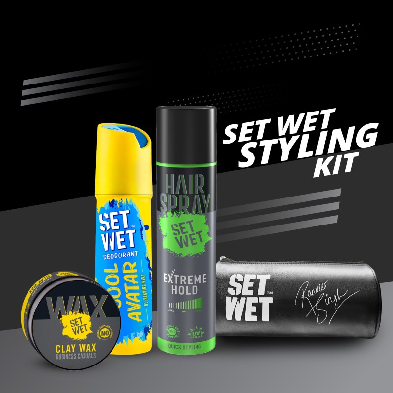 Set Wet Men’S Styling Kit-Deodorant(150Ml),Clay Hair Wax(60G),Hair Spray(200Ml) & Pouch Deodorant Spray  –  For Men(410 Ml, Pack Of 4)