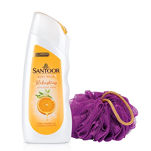 Santoor Refreshing Skin Body Wash, Tangy Orange Oil & Neroli Extracts, Soap-Free, Paraben-Free, Ph Balanced Shower Gel (230 Ml) With Loofah