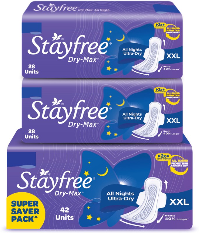 Stayfree Dry-Max All Nights| All Round Protection Through The Night| 2X Better Coverage Sanitary Pad(Pack Of 98)