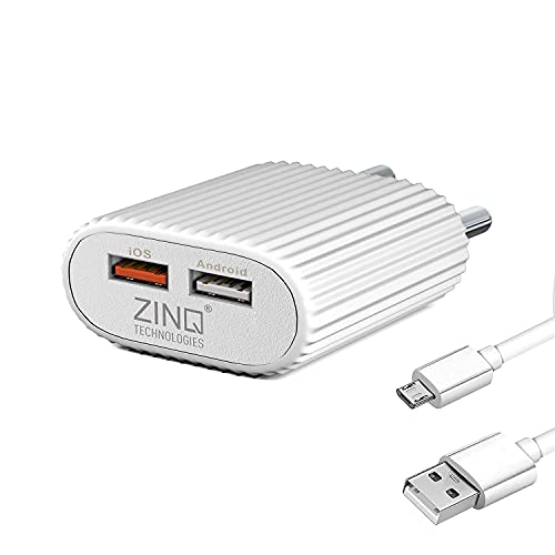 Zinq Technologies 2A Dual Port Mobile Charger For Android And Ios Devices, Bis Certified, Cable Included (White)