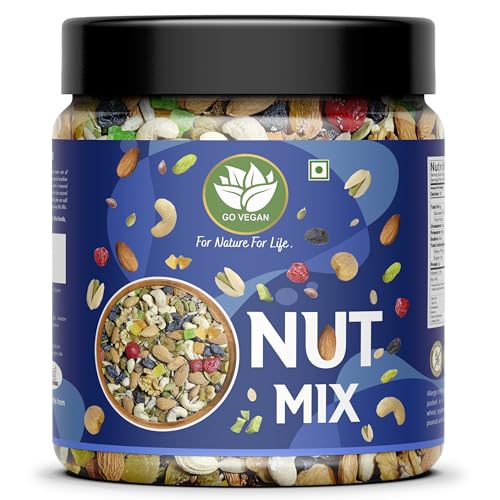 Go Vegan Premium Healthy Nutmix 1Kg, Dried Almonds, Cashewnuts, Cranberries, Green Raisins, Walnut Kernels, Pinapple Coil, Black Raisins, Mix Fruit & More