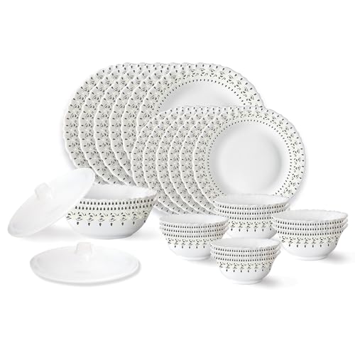 Larah By Borosil Fluted Ora Gold Dinner Set 28 Pieces, Opal Glass Dinner Plates & Bowls Crockery Set For Dinning, White