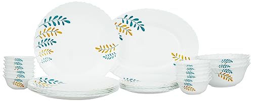 Larah By Borosil Fluted Niva Dinner Set 31 Pieces, Opal Glass Dinner Plates & Bowls Crockery Set For Dinning, White