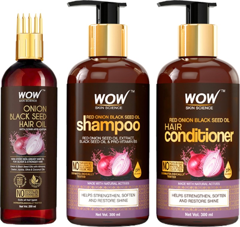 Wow Skin Science Red Onion Black Seed Oil Ultimate Hair Care Kit (Shampoo + Hair Conditioner + Hair Oil With Comb)(3 Items In The Set)