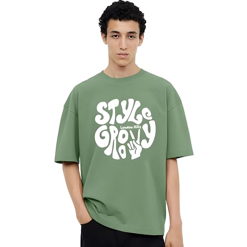 London Hills Cotton Blend Half Sleeve Oversized T-Shirts (Color : Green)