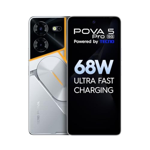 Tecno Pova 5 Pro 5G (Silver Fantasy, 8Gb Ram,128Gb Storage)| Segment 1St 68W Ultra Fast Charging | India’S 1St Multi-Colored Backlit Arc Interface | 50Mp Ai Dual Camera | 6.78”Fhd+ Dot-In Display