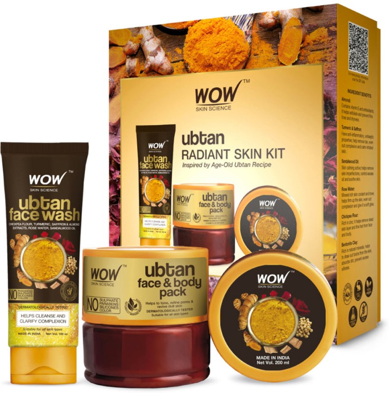 Wow Skin Science Bright & Glow Kit – (Ubtan Face Wash Tube+ Ubtan Face & Body Pack + Ubtan Face & Body Scrub ) – 500Ml(3 Items In The Set)