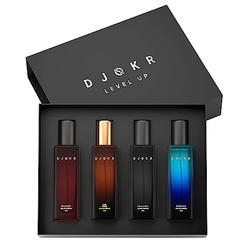 Djokr Perfume Gift Set For Men Pack Of 4X20 Ml | Eau De Parfum | Premium Luxury Long Lasting Fragrance Spray | Signature, Wicked, Oud Wood, Marine ( 4X20 Ml)