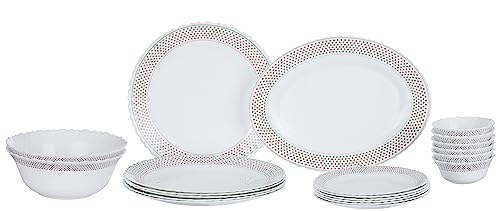 Larah by Borosil Fluted Waltz Dinner Set 21 Pieces, Opal Glass Dinner Plates & Bowls Crockery Set for Dinning, White