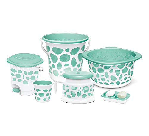 Milton Duplex Spa 6 Pieces Round Printed Bathroom Set, Turquoise | Bucket | Deep Tub | Mug | Clean Up Bin | Stool | Soap Dish | Plastic