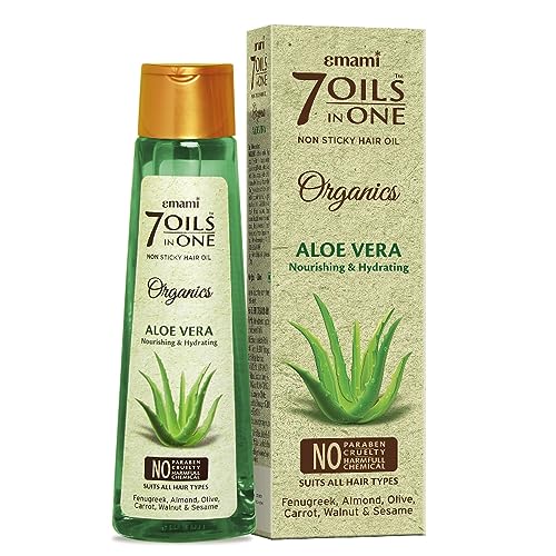 Emami 7 Oils In One Organics Aloe Vera Hair Oil | Nourishing & Hydrating| Ultra-Light & Non-Sticky | Certified Organic | Free From Parabens, Sulphates & Harmful Chemicals | For Soft, Shiny Hair, 200Ml
