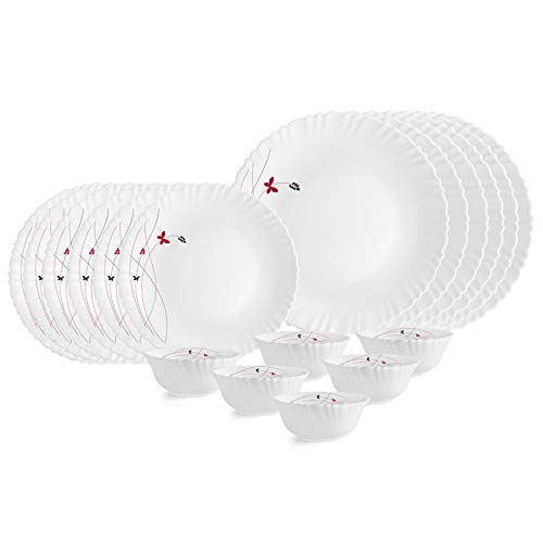 Cello Opalware Dazzle Series Lush Fiesta Dinner Set, 18Pcs | Opal Glass Dinner Set For 6 | Light-Weight, Daily Use Crockery Set For Dining | White Plate And Bowl Set