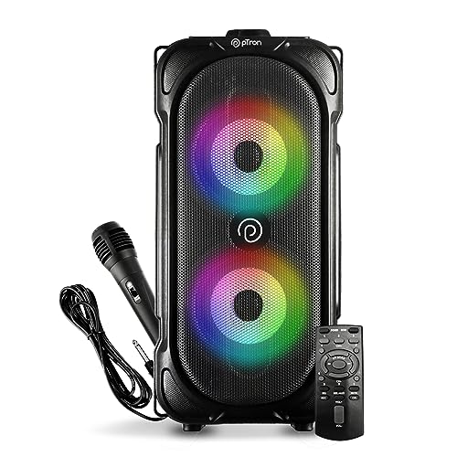 Ptron Fusion Party V2 40W Karaoke Bluetooth Party Speaker With 3M Wired Microphone, Dual Drivers, Rgb Lights, Usb/Sd Card Playback, Auto Tws Function & Remote Control (Black)