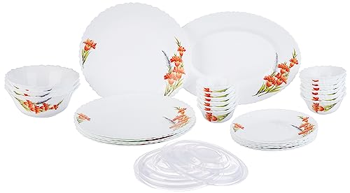 Larah By Borosil Red Iris Fluted Series Opalware Dinner Set | 31 Pieces For Family Of 6 | Microwave & Dishwasher Safe | Bone-Ash Free | Crockery Set For Dining & Gifting | Plates & Bowls | White