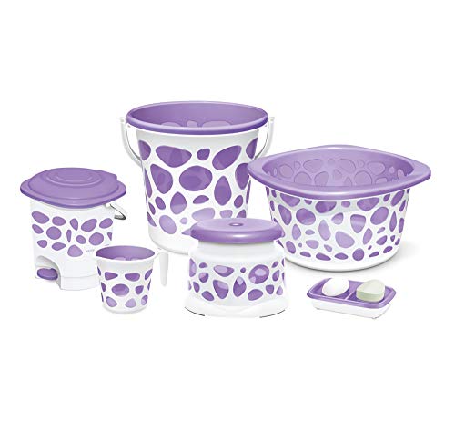 Milton Duplex Spa 6 Pieces Round Printed Bathroom Set, Purple | Bucket | Deep Tub | Mug | Clean Up Bin | Stool | Soap Dish | Plastic
