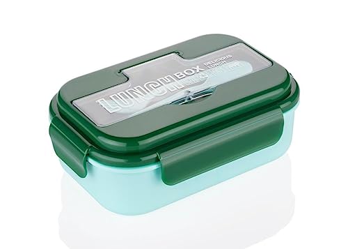 Attro Magic Lunch Box Comes With 3 Compartment,2 Spoons & Stylish Lid Use As Phone Holder Made With Heavy Platic Material Bpa Free Perfect For School,Office,Outdoor-Green Turquoise