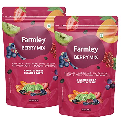 Farmley Premium Dried Berries Mixed & Healthly Snacks Contains Cranberry,Black Raisins,Strawberry,Black Currant & More Pack Of 2, Each 200 Gm
