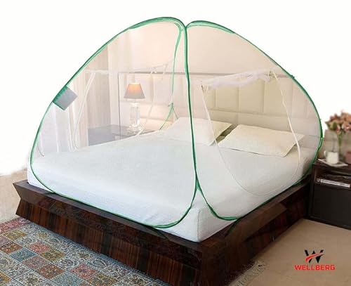 Wellberg Pop Up Bed Mosquito Net With Bottom, Folding Design Breathable High Density Mesh For Indoor And Outdoor,Portable And Washable Queen Size Mosquito Net (Green)