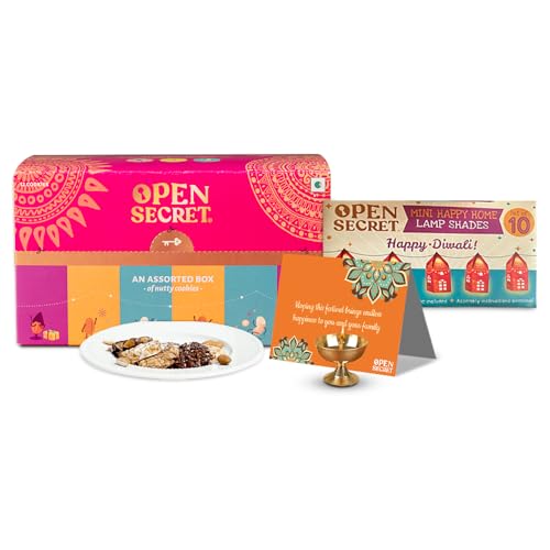 Open Secret Diwali Gift Hamper Item Snacks Combo Box | 3 Item Gift Combo – Assorted Cookies + Card + Decorative Lights | Healthy Unjuncked Food | For Family, Friends, Corporate