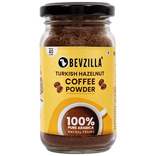 Bevzilla Instant Coffee Powder (Turkish Hazelnut Flavour) – 75 Grams | 100% Arabica Beans | Hot & Cold Coffee | Makes 40 Cups | Strong Coffee | Flavoured Coffee| Glass Jar