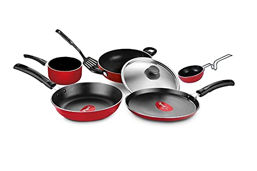 Pigeon By Stoverkraft Non-Stick Cookware Set Of 7 Pc W/O Induction Base Includes Nonstick Tawa 23Cm, Nonstick Fry Pan 24Cm, Nonstick Kadhai With Stainless Steel Lid 24Cm, Nonstick Sauce Red, Standard