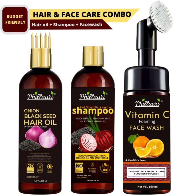 Phillauri Red Onion Black Seed Oil Hair Care Kit (Hair Oil + Shampoo + Foaming Facewash)(3 Items In The Set)
