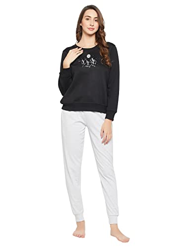 Clovia Women’S Fleece Chic Basic Cuffed Joggers & Graphic Print Sweatshirt Set(Comls0554_Black,Grey_L)