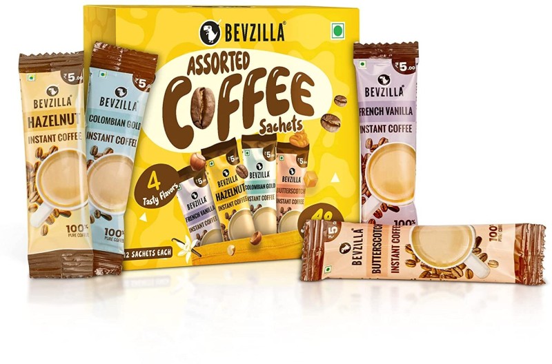 Bevzilla Instant Coffee Powder – 48 Sachets Box,Assorted Flavour,12 Sachets Each Flavour Instant Coffee(48 X 2 G, Assorted Flavoured)