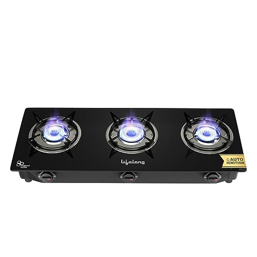 Lifelong Llgs803 Auto Ignition, High Efficiency 3 Burner Gas Stove With Toughened Glass Top, Isi Certified, Automatic Ignition, For Lpg Use Only (Black)