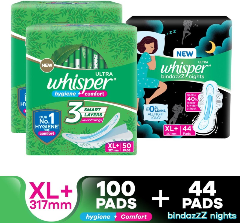 Whisper Combo Of Ultra Clean And Bindazz Nights Xl+ For Women Sanitary Pad(Pack Of 144)