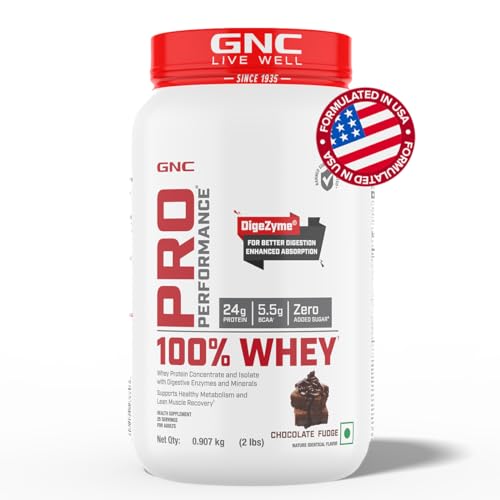 Gnc Pro Performance 100% Whey Protein Powder | 2 Lbs | Builds Lean Muscles | Speeds Up Muscle Recovery | Digezyme® For Easy Digestion | 24G Protein | 5.5G Bcaa | Chocolate Fudge| Formulated In Usa